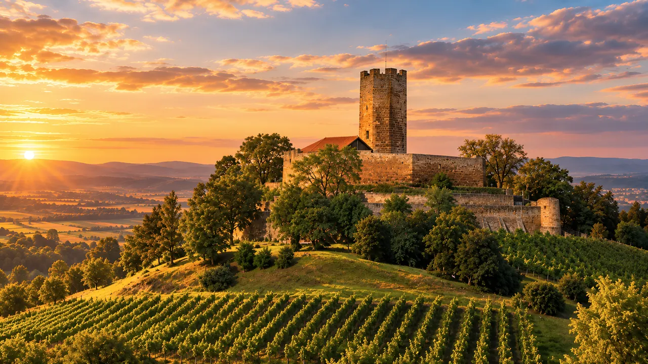 Burg über Weinbergen im Abendlicht, davor ein gepflegter Garten mit beleuchtetem Weg